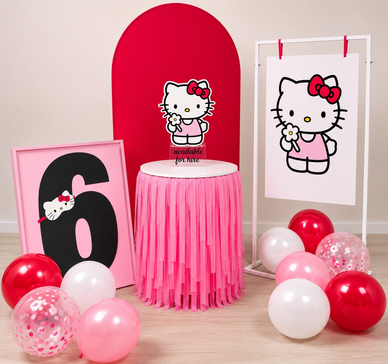 Hello Kitty kids party prop hire setting from Kidztown Seaford